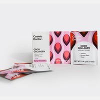Box of Cosmic Doctor Coco Collagen and its single-serving sachets on a white background