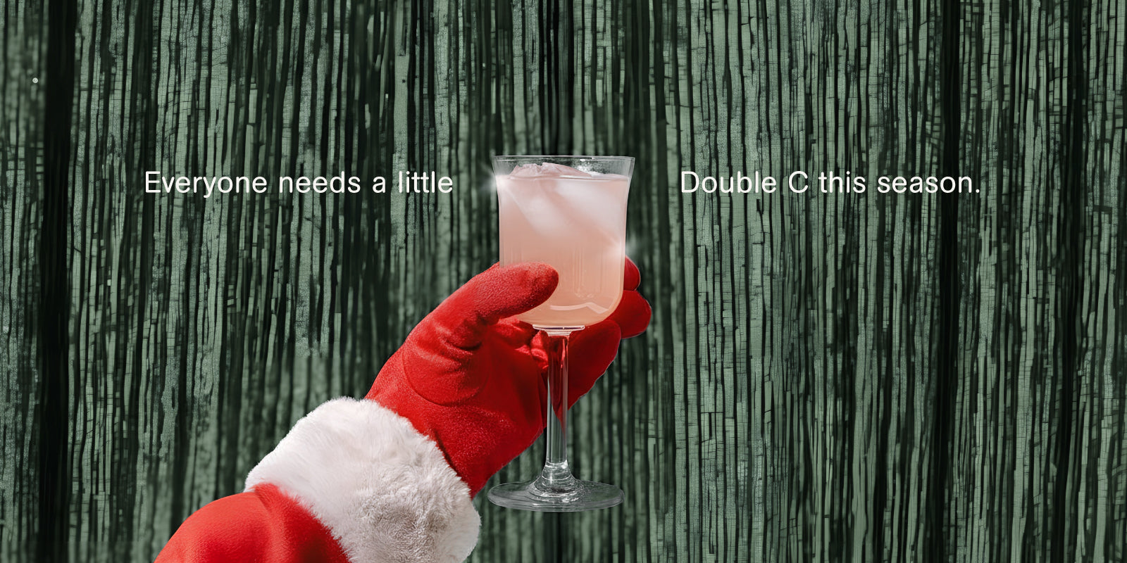 Hand in red glove holding a Cosmic Doctor's Double C pink drink with text overlay on a textured green background